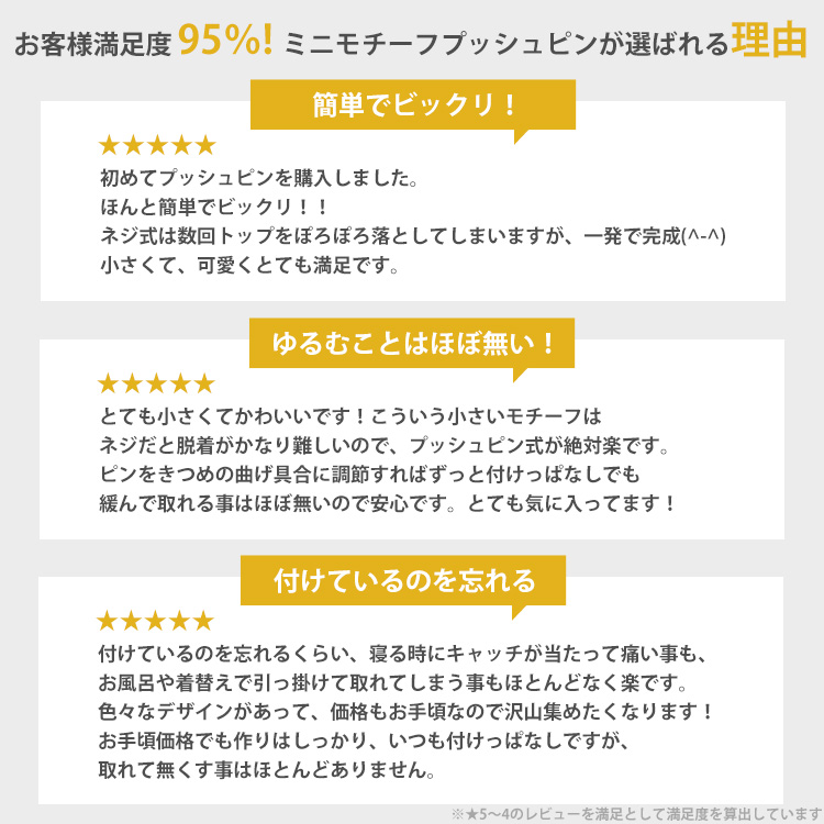 お客様満足度95% ミニモチーフプッシュピンが選ばれる理由 簡単でビックリ・ゆるむことはほぼ無い・付けているのを忘れるのレビュー