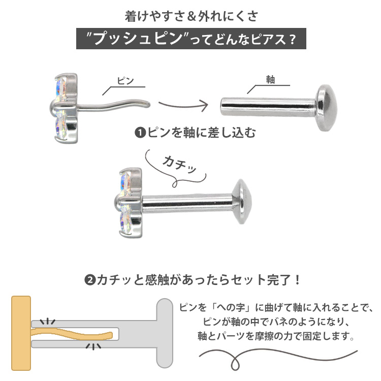 プッシュピンってどんなピアス ピンを軸に差し込みカチッと感触があったらセット完了 摩擦の力で固定する仕組み